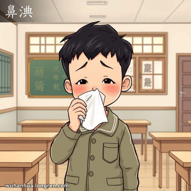一位武汉小学生在教室里用纸巾擦拭流鼻涕的场景，背景是老式教室。
