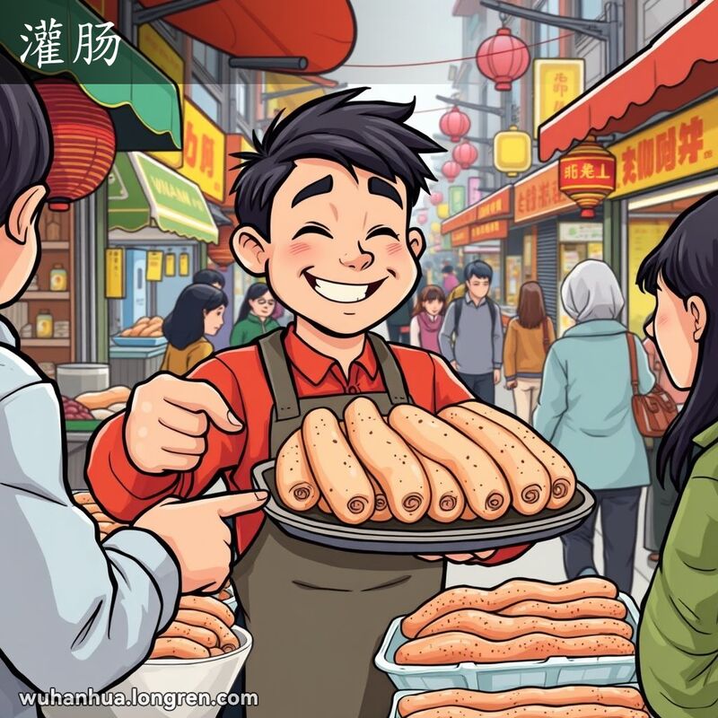 武汉街头小吃摊，摊主手持一盘香肠，背景有其他摊位和行人，展现热闹的市场氛围。