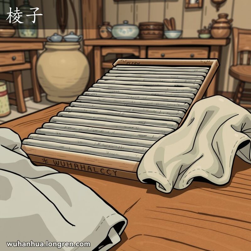 一块传统中国搓板，搓板上有明显的凸起条纹，摆放在木桌上，旁边放着一件有褶皱的衣服，背景是乡村厨房