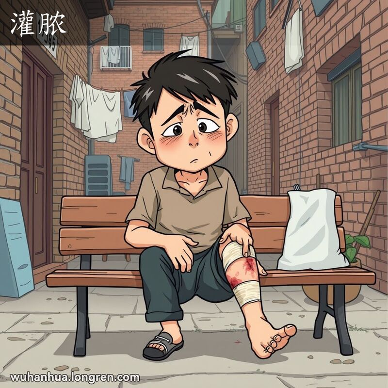 一位市民坐在武汉老街的长椅上，腿上缠着绷带，绷带上有些污渍，表明伤口在溃烂化脓，背景是武汉老街景。