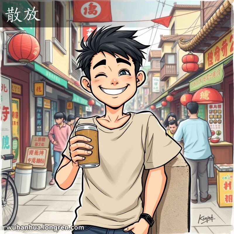 一位年轻的武汉男子倚靠在墙边，手持饮料，表情轻松愉快，背景是武汉的繁忙街道