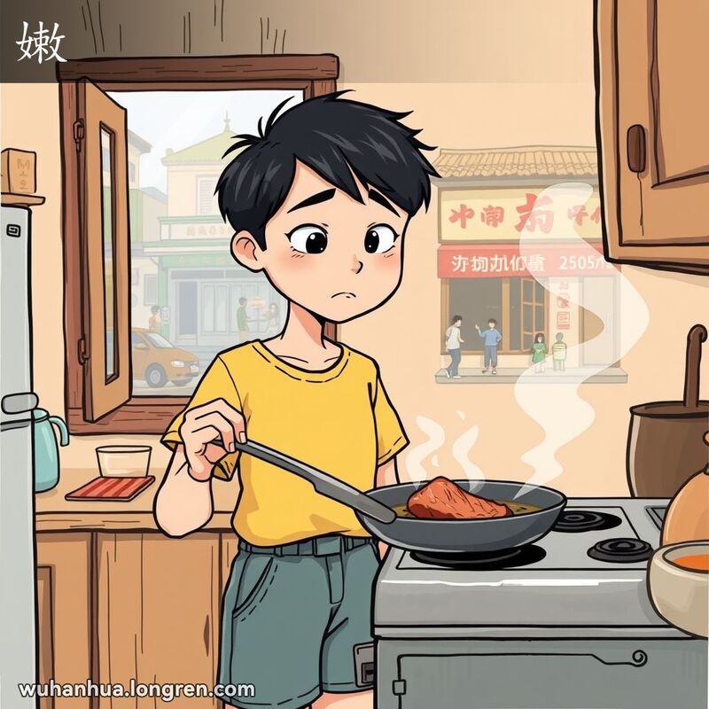 一位年轻人在厨房中烹饪，望着未熟的肉块，露出困惑的表情，背景是武汉老街景