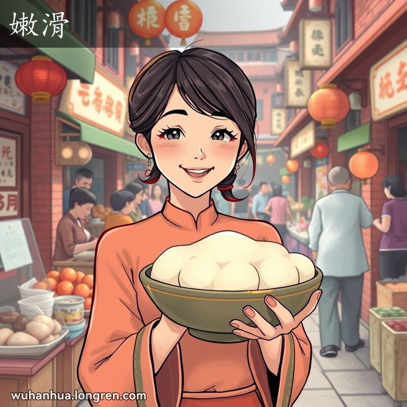 一位年轻女子在武汉街头市场手持光滑细嫩的豆腐，背景是传统街市和红砖墙。