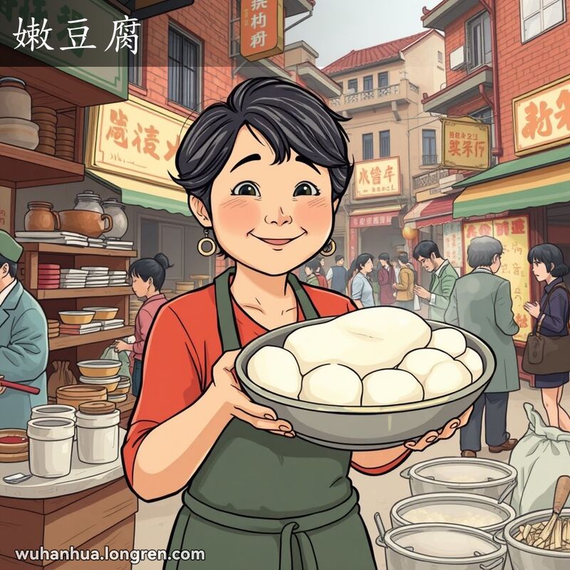 一位中年女摊主在武汉街市的小吃摊前，手持一碗新鲜的嫩豆腐，背景是武汉老街景。
