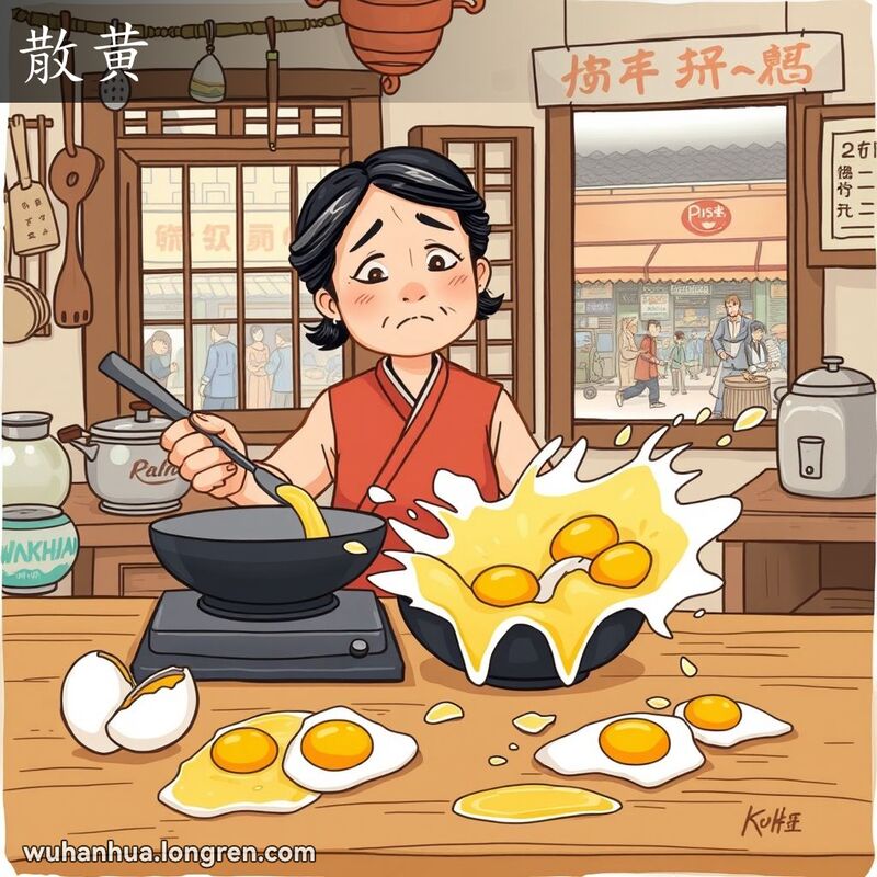 一位中年妇女在厨房里手持锅铲和一碗打散的鸡蛋，蛋黄和蛋清混在一起，背景是传统厨房和街市景象
