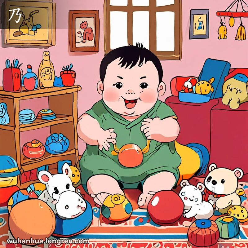 一个胖乎乎的婴儿坐在地上玩玩具，脸上带着调皮的笑容，背景是温馨的家庭场景