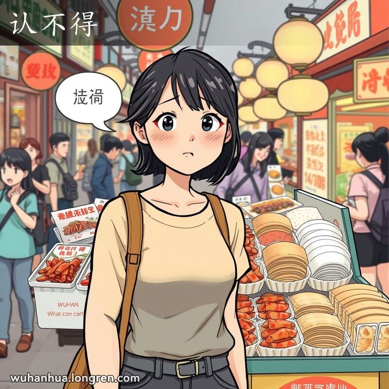 一位年轻的武汉女子站在市场摊贩前，看着小吃露出“认不得”的表情，背景是热闹的市场。