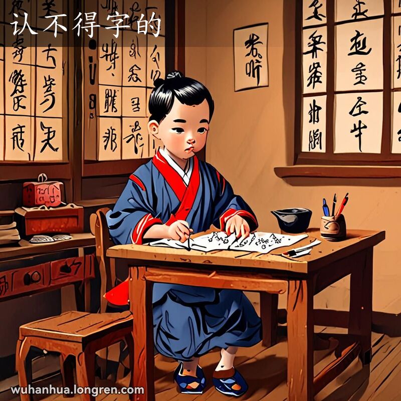一位小孩在老式教室里，手持毛笔，盯着一张写满汉字的纸，露出困惑和挫败的表情，背景是传统的中国教室。
