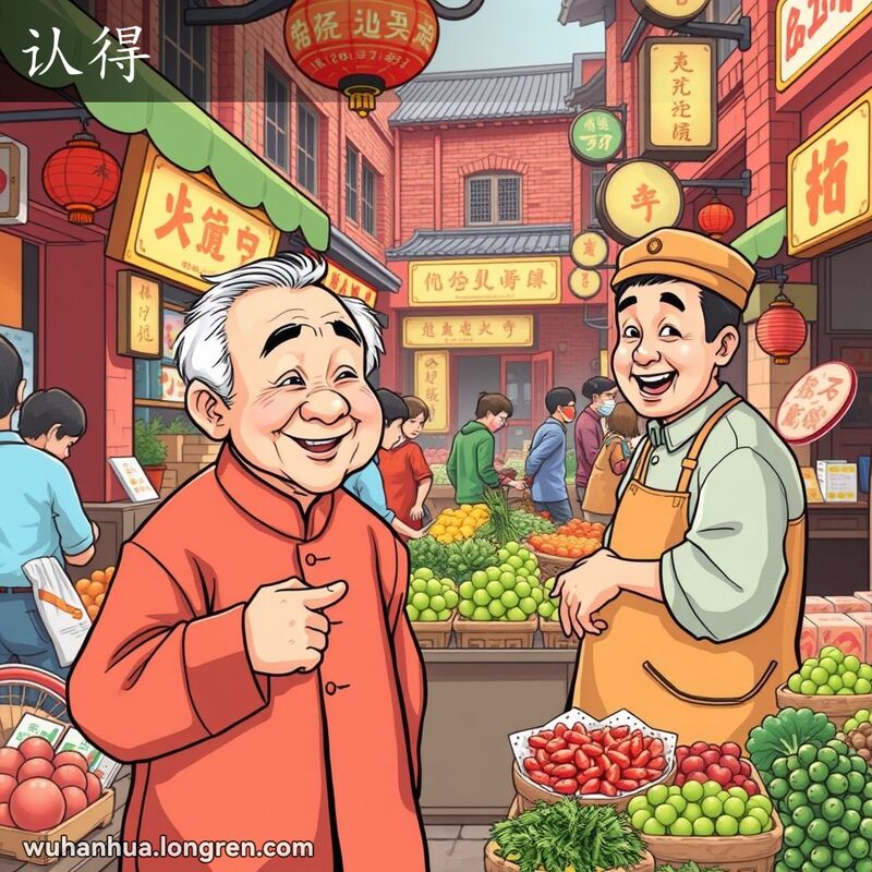 一位武汉老人在市场中指着小吃摊位，脸上带着认识和熟悉的笑容，背景是武汉老街景