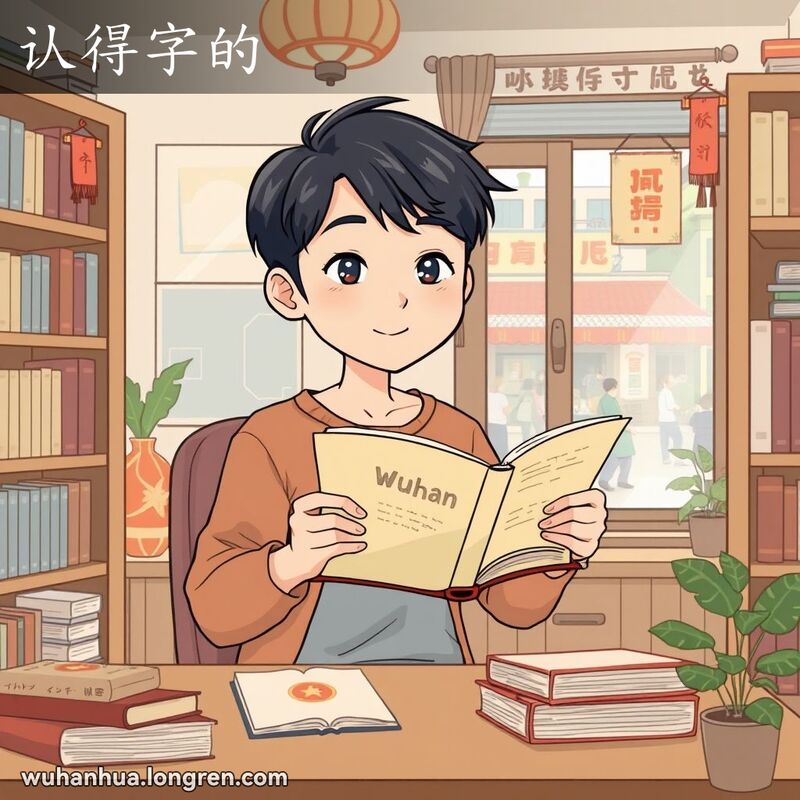 一位年轻的武汉市民坐在书桌前，手捧书本，专注地阅读，脸上带着满足和自豪的表情，背景是书架和传统装饰，窗外是武汉街景