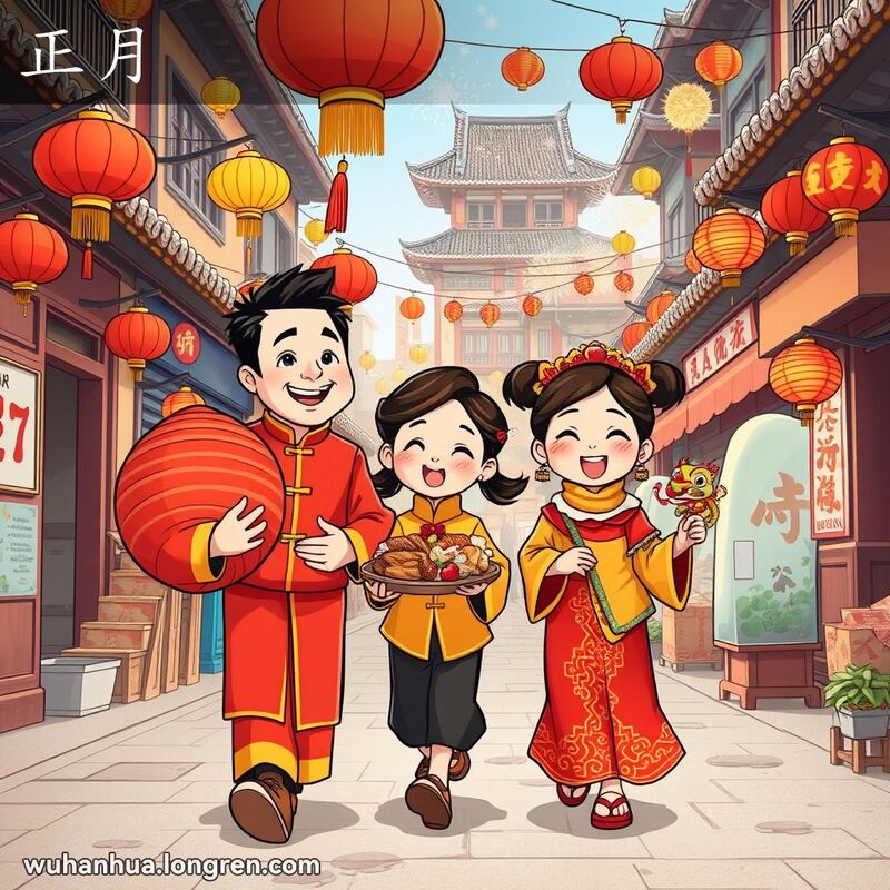 武汉市民在农历正月期间的热闹街景，一家三口穿着传统服装，手持灯笼、小吃和龙舞偶，背景有灯笼、鞭炮和摊贩。