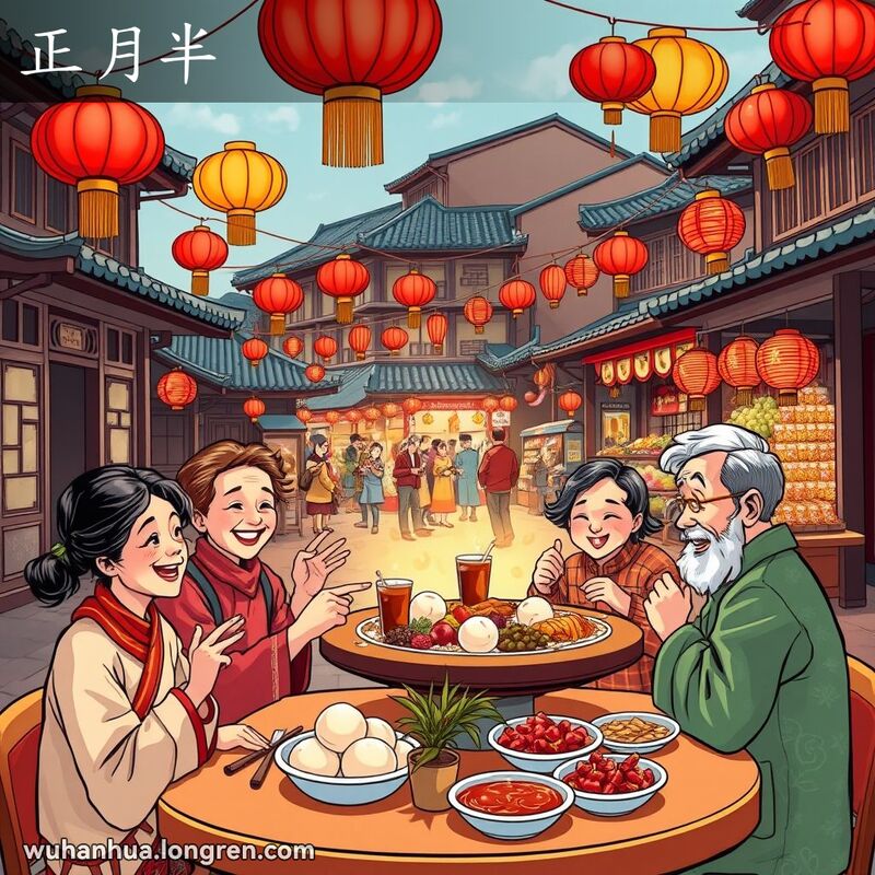元宵节的街道上挂满红灯笼，家庭成员围坐享用汤圆，背景是繁忙的集市