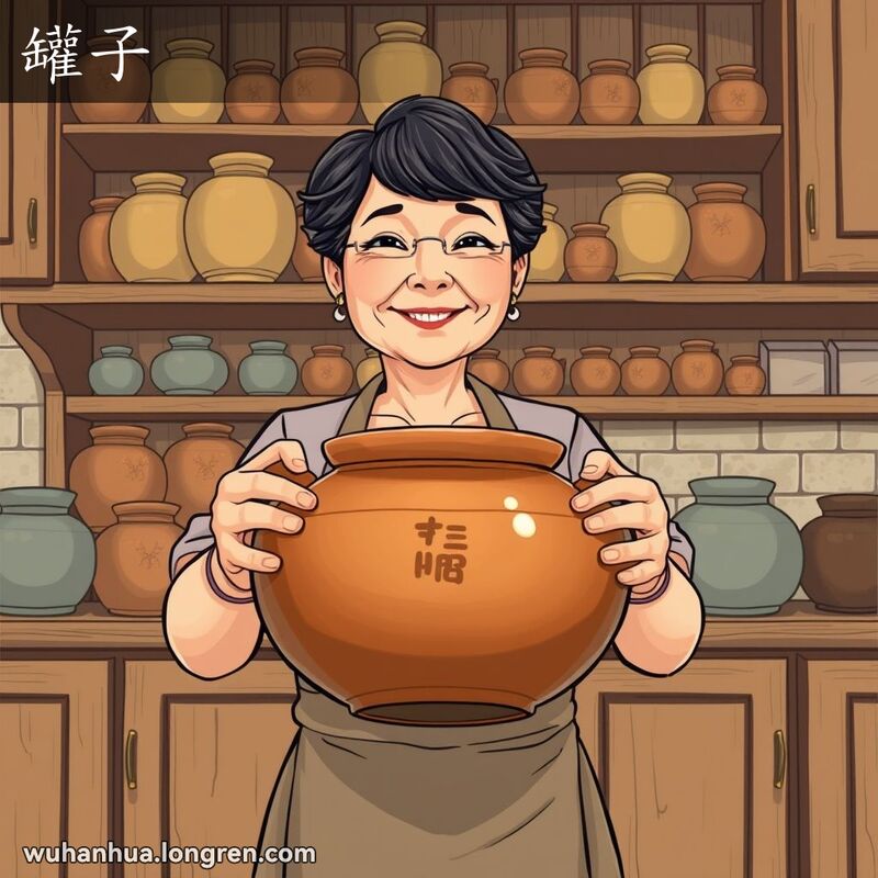 一位中年妇女在传统厨房中捧着大口陶罐，背景是各种罐子和橱柜，画面温馨。