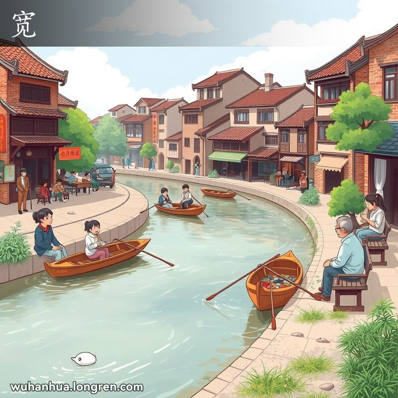 宽阔的河流贯穿武汉老街，居民在河岸边垂钓和聊天，背景是传统红砖房和木船