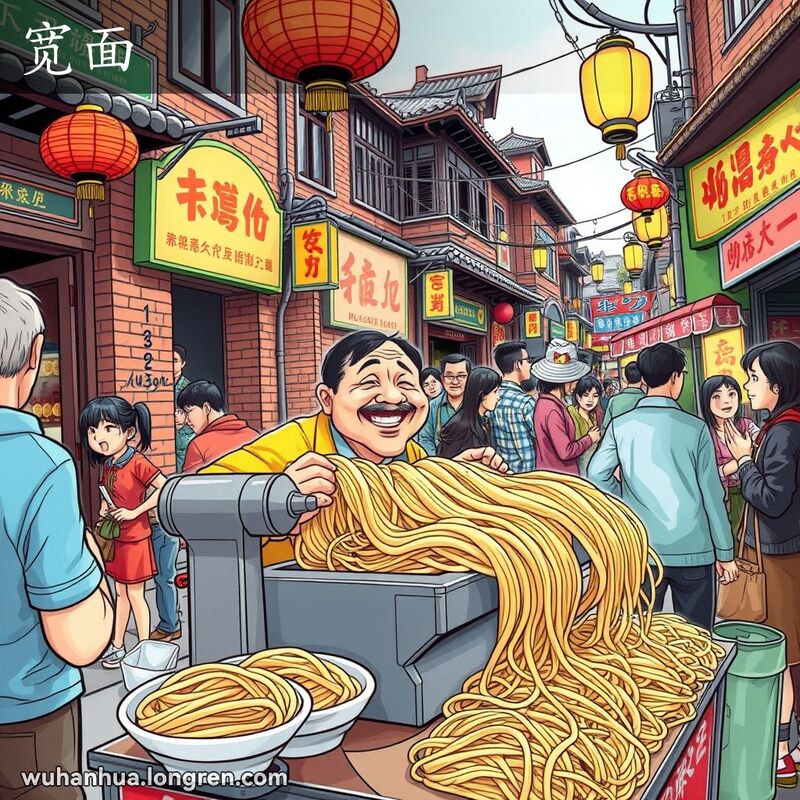 武汉街头小贩用机器制作宽面条，顾客等待品尝，背景是老街景