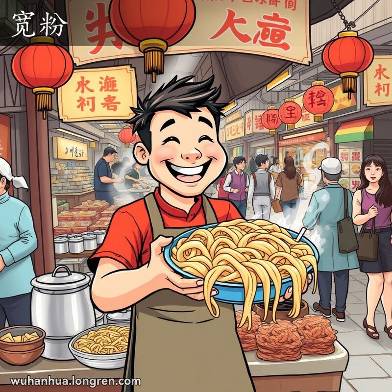 武汉街头市场摊位售卖宽粉，摊主笑容满面，背景有其他摊位和行人