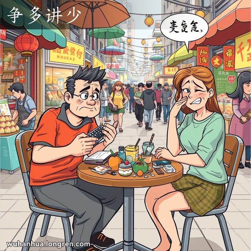 两位朋友在武汉街头市场的小桌旁，一位男性朋友在计算桌上的物品，另一位女性朋友表示不满，背景是热闹的市场摊位和行人。