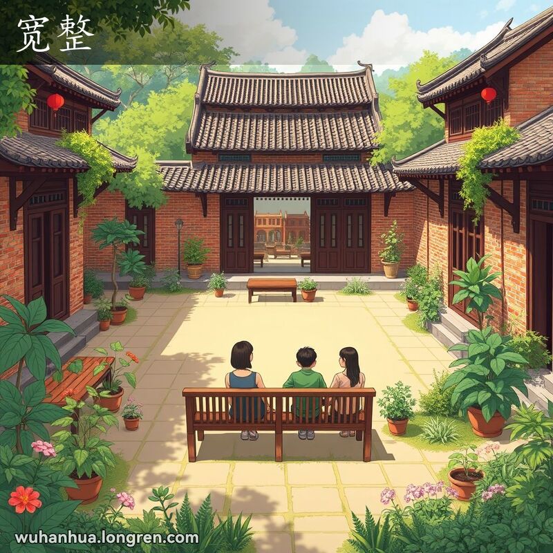 一个宽敞的武汉传统庭院，庭院中有茂密的植被和古老的砖墙，中间是一个大而开阔的空间。一个家庭坐在木质长椅上，享受阳光和宁静的氛围，背景是武汉老建筑。