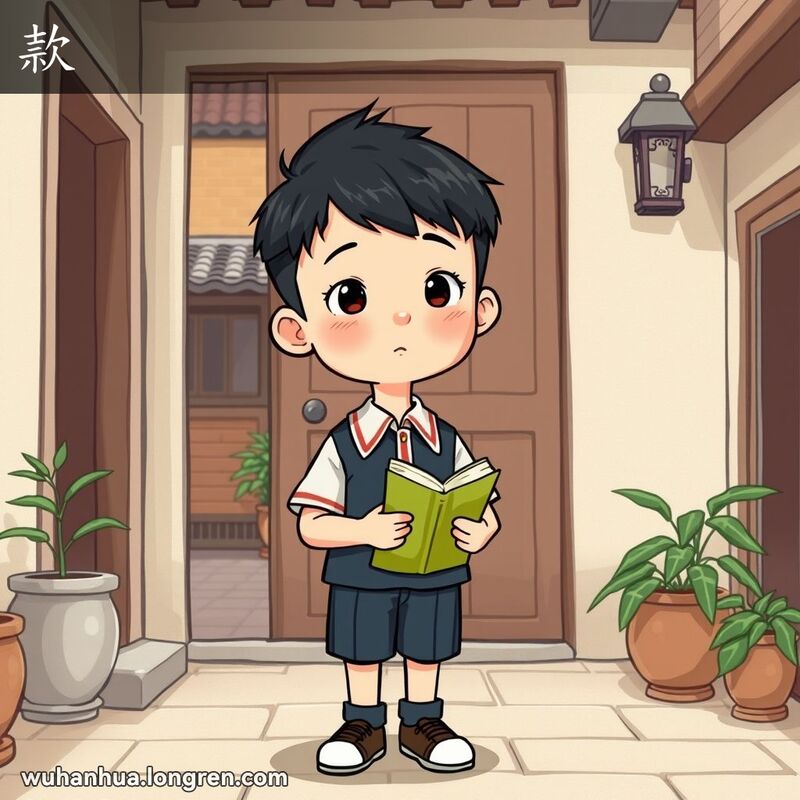 一位穿着校服的小男孩站在武汉传统院落中，手持书本，神情专注，展现出“款”的形象，背景是武汉老街景