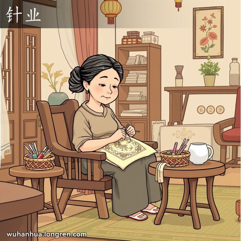 一位中年妇女在武汉传统家庭的客厅里专注于刺绣，旁边有缝纫工具和彩色线团，房间布置温馨。