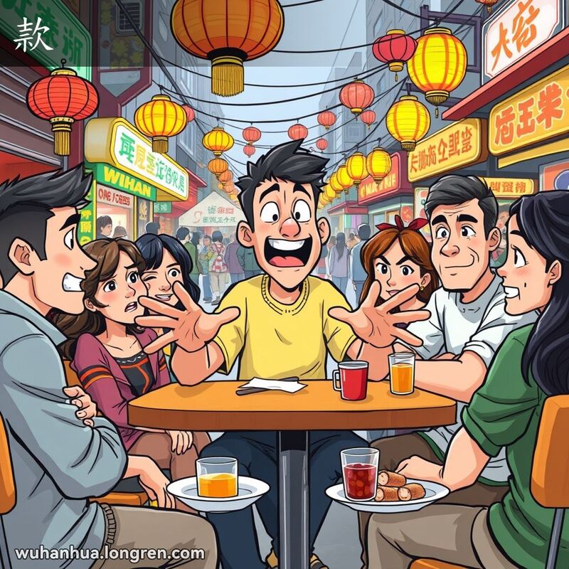 一群朋友在武汉街头市场围坐，主角手舞足蹈地讲述故事，朋友们露出愉快和怀疑的表情，背景是热闹的市场摊位和灯笼