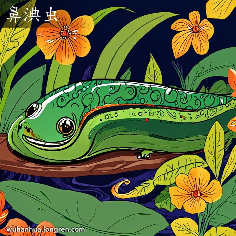 一只身体圆而长、无壳的蛞蝓在花园的叶子上缓慢爬行，身体上泛着粘液，背景是茂盛的绿色植物和五彩的花朵