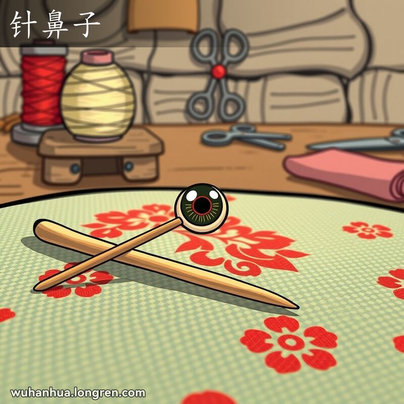 一枚缝纫针放在刺绣布上，针眼明显突出，背景是木质桌子和缝纫用品