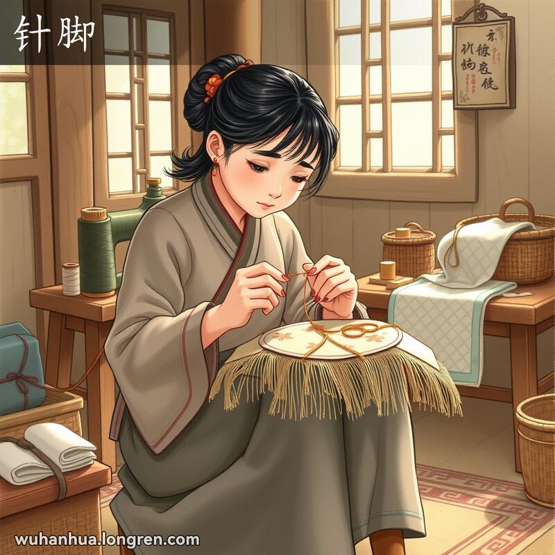 一位武汉妇女在老式房间里专注地进行刺绣，手持针线，背景有缝纫篮和布料碎片。