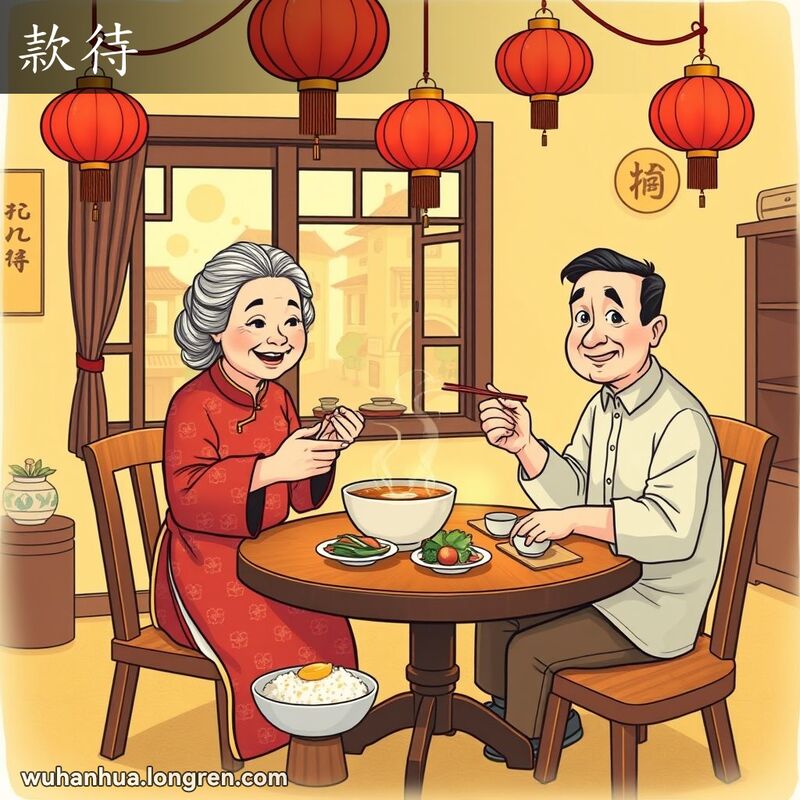 一位老妇人在温馨的武汉家庭环境中，热情地为一位中年男子端上一碗热汤，男子露出满意和感激的表情，背景是繁忙的武汉街景