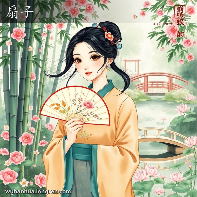 一位身穿传统服饰的年轻女子在花园中摇动纸扇，背景是荷花池和小木桥