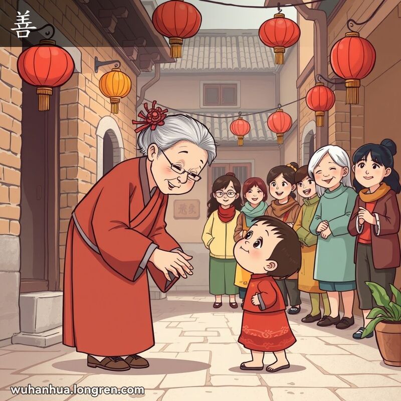 一位心地善良的武汉老奶奶在老街上安慰摔倒的小孩，背景中的邻居们微笑观看