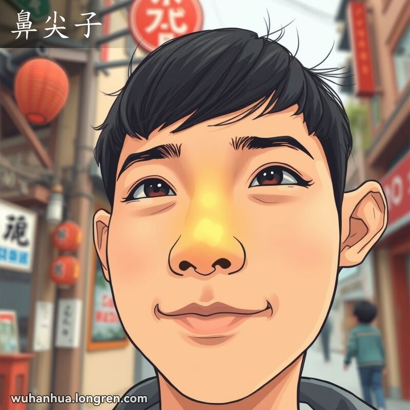 一位武汉市民的面部特写，突出鼻尖，背景是模糊的武汉城市场景