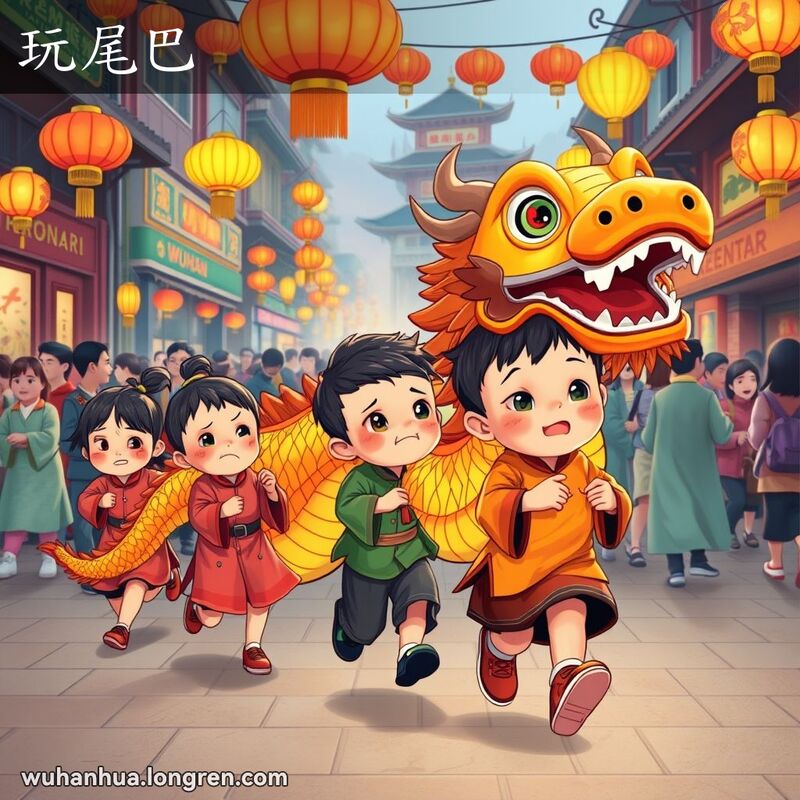 一群孩子在武汉街头玩龙灯，一个孩子在尾巴位置显得落后和沮丧，背景是热闹的元宵节庆典