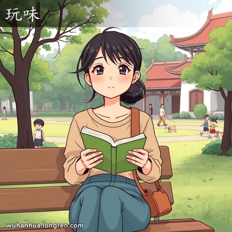 一位年轻的武汉女子坐在公园长椅上，手捧书本，目光深思地望向远方，背景是宁静的公园和中式建筑。