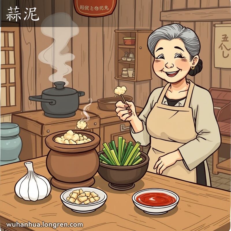 一位中年妇女在传统厨房中手持蒜泥，背景是温馨的家庭氛围