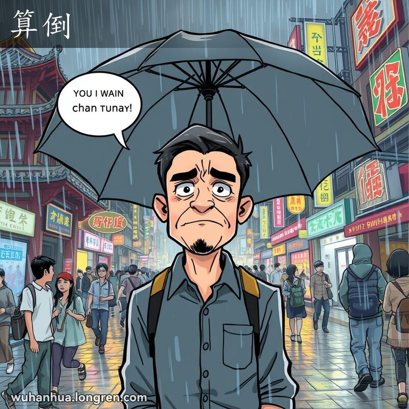 一位男子在大雨中撑伞，露出惊讶和恼怒的表情，背景是武汉街道和躲雨的行人
