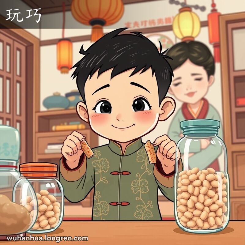 一位小男孩趁妈妈不注意偷拿糖果，背景是传统中国家庭