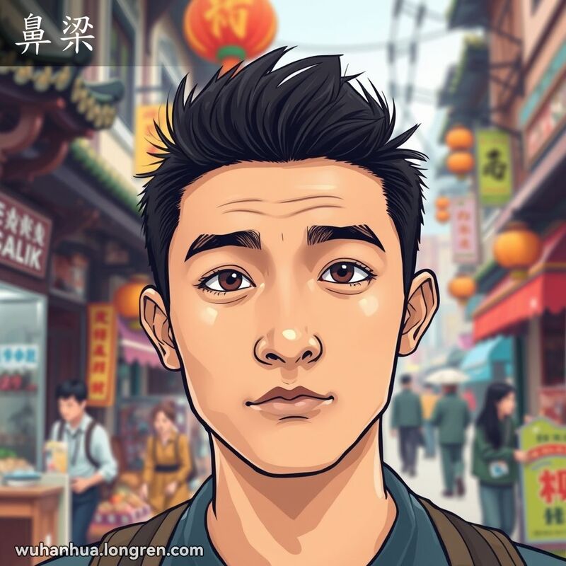 一位武汉年轻人的特写面部，突出了他稍微歪斜的鼻梁，背景是武汉繁忙的街景