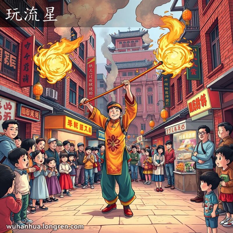 武汉街头表演者手持火球绳子，火球在空中飞舞，观众惊叹观看，背景是武汉老街景