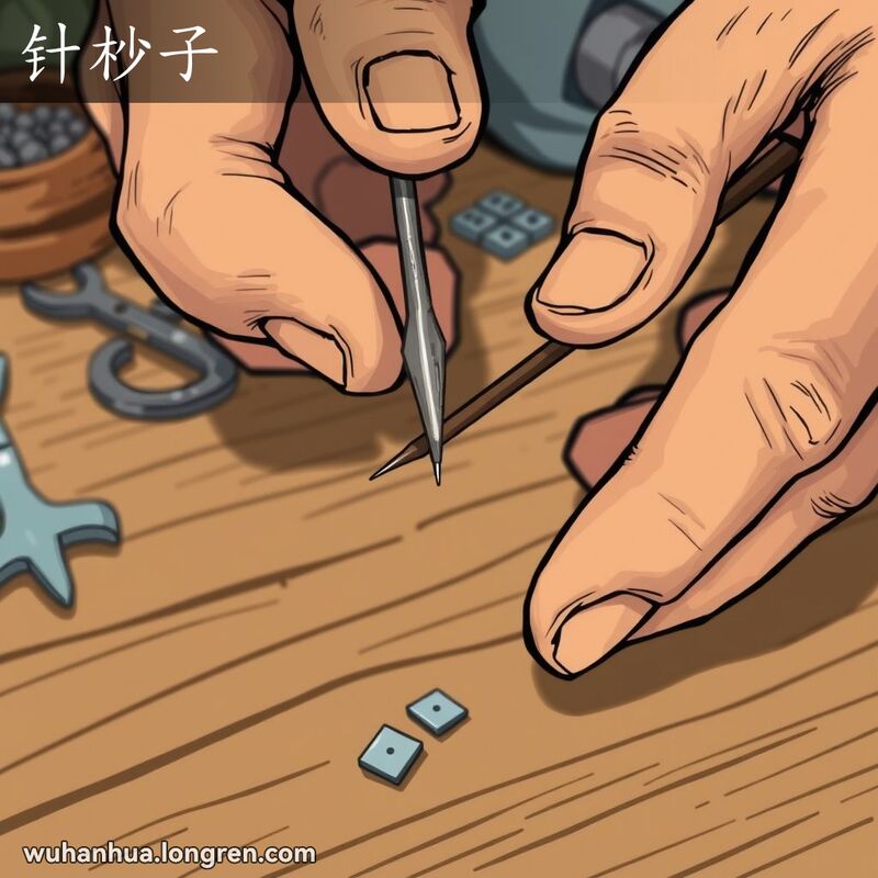 一根缝纫针的针尖对准金属，背景是木桌和缝纫工具，展现武汉方言“针杪子”的含义