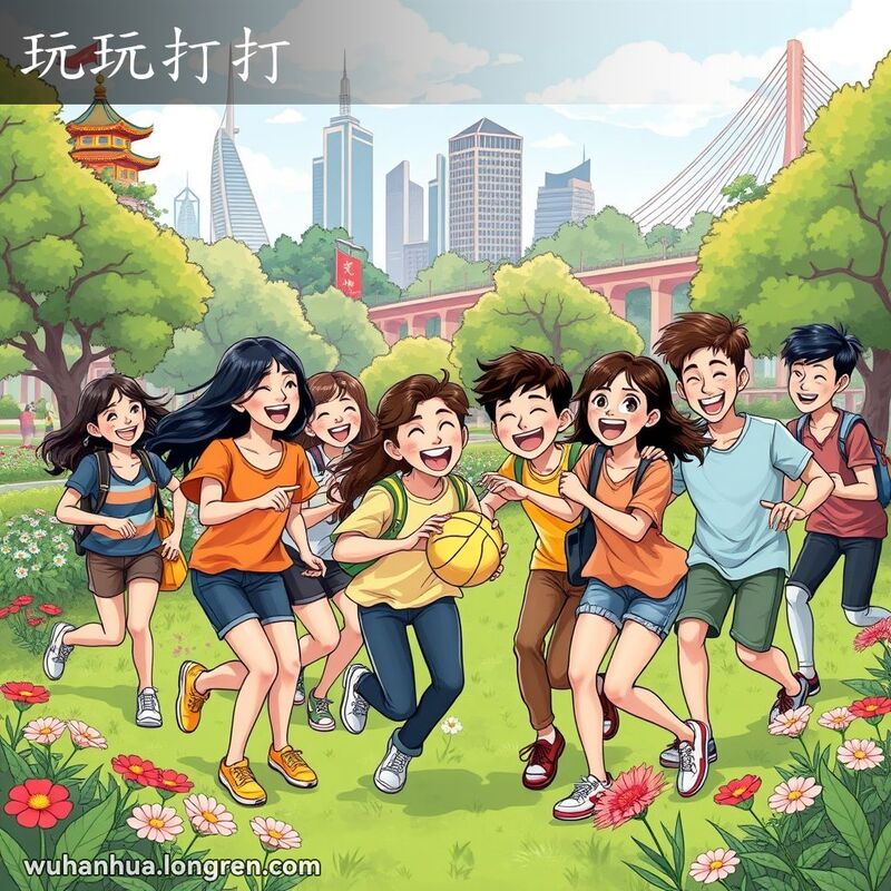 一群年轻朋友在武汉公园里嬉戏打闹，背景是黄鹤楼和长江大桥