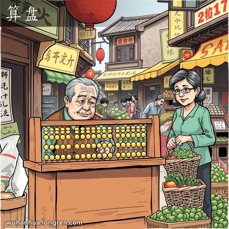 武汉传统街市场景，老店主用算盘计算总价，顾客手持蔬菜篮注视，背景有其他摊贩和老式招牌。
