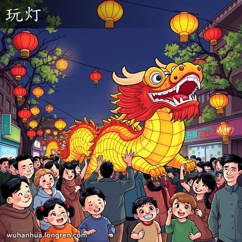 元宵节期间，武汉街头人们围绕龙灯舞动，背景有各种灯笼和欢庆的人群