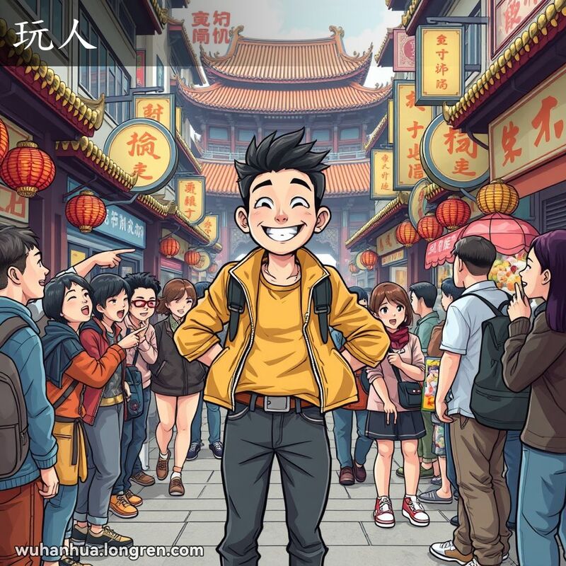 一位年轻人在武汉街头自信地摆姿势，周围人们指指点点，背景是热闹的街景
