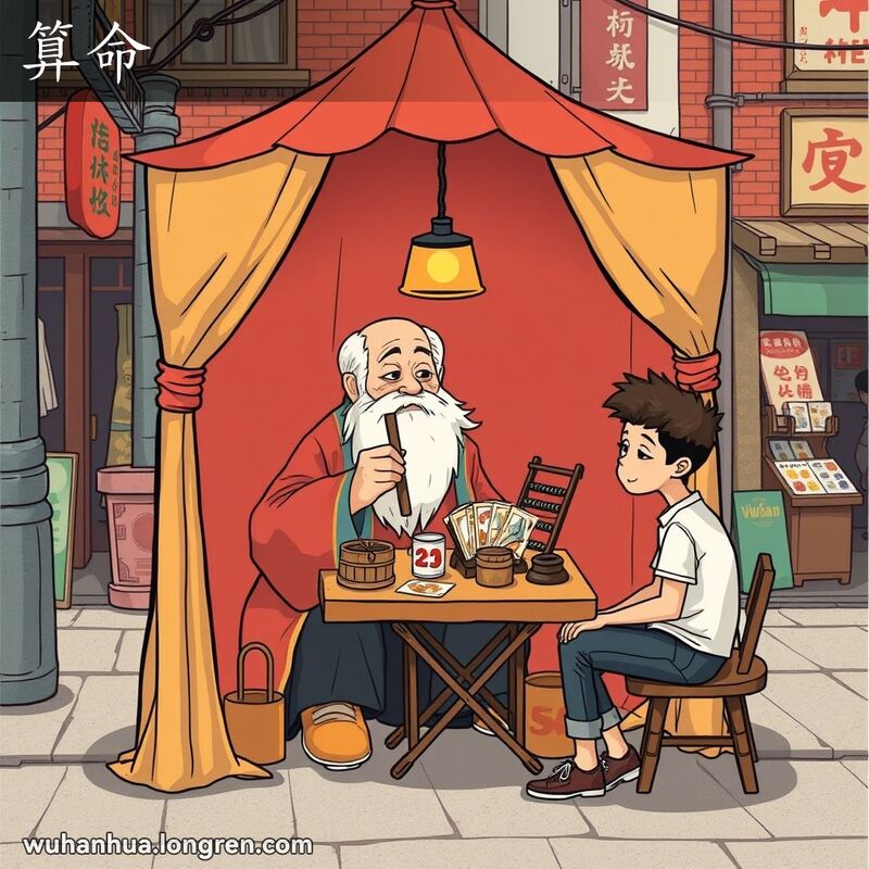 一位传统的武汉街头算命先生坐在帐篷里，手持竹签，神情专注，对面坐着一位年轻人，背景是武汉老街景