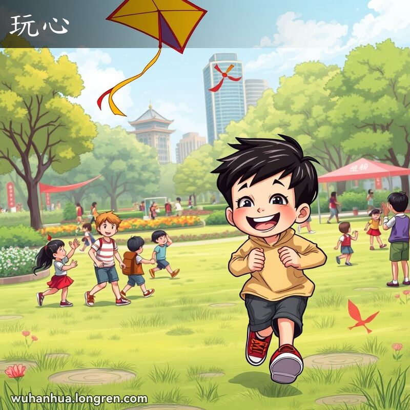 一个小男孩在武汉公园里放风筝，脸上带着调皮的笑容，背景是其他孩子在玩耍的场景。