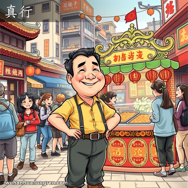 武汉街头，老张自豪地站在小吃摊旁，周围是享受美食的顾客，表现出他的能干和自信。