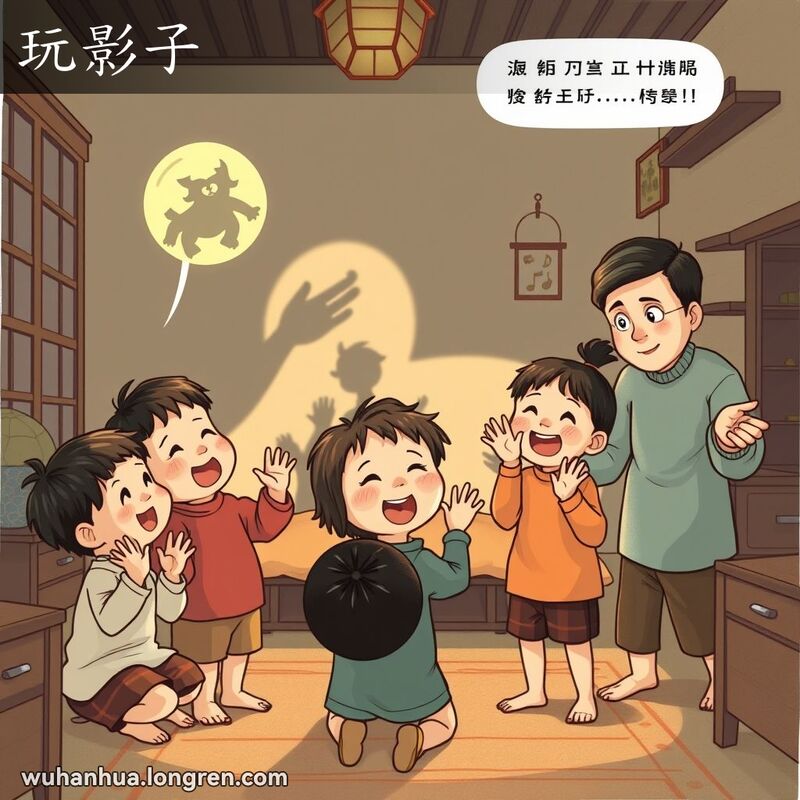 一群孩子在昏暗的房间里用手玩影子游戏，背景中的大人在轻声责备他们。