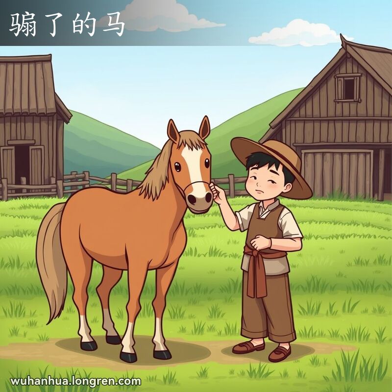一位中国农民在乡村农场中照料一匹已经被骟过的马，背景是木质的马厩、绿油油的田野和晴朗的蓝天
