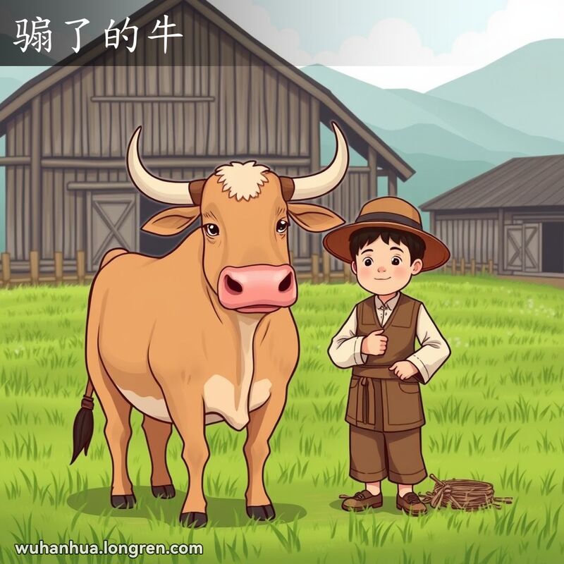 一头阉割过的公牛站在武汉乡村田野中，背景是农舍和田野，旁边是一位农民
